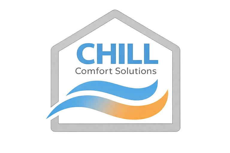 CHILL Comfort Solutions logo with house outline and wavy blue and orange design elements